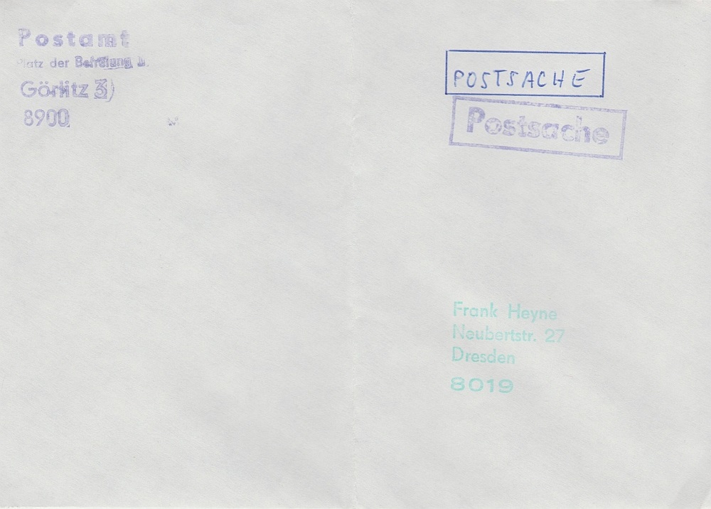 Rückumschlag vom PA Görlitz 3 mit Stempel <b>Postssache</b>